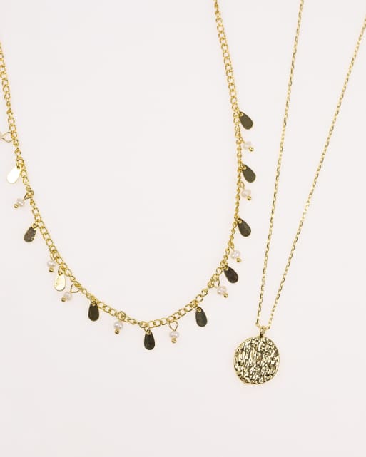 Lovisa - Parure avec colliers en plaqué or avec pendentif effet fondu et perles d'eau douce - Doré