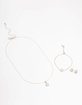 Lovisa - Parure collier, bracelet et boucles d'oreilles avec pierres rondes en oxyde de zirconium - Argenté