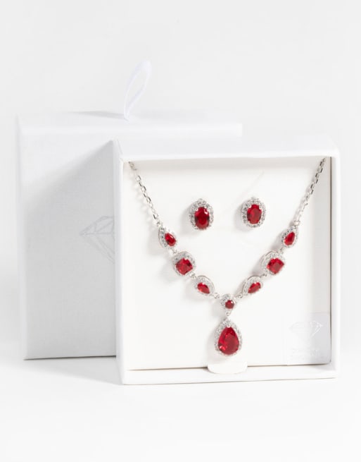 Lovisa - Parure collier et boucles d'oreilles avec pierres ovales façon rubis et diamants fantaisie - Argenté