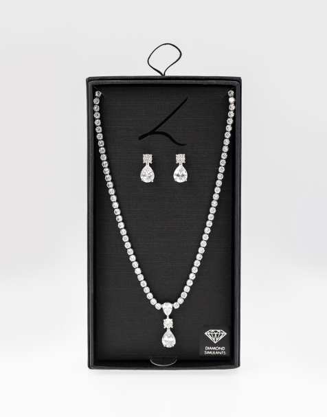 Lovisa - Parure collier et boucles d'oreilles en rhodium avec diamants fantaisie - Argenté - view 1