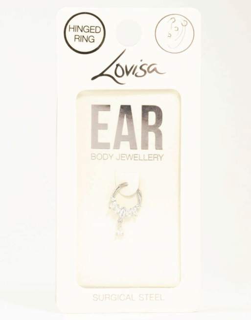 Lovisa - Pendiente de aro plateado de titanio con cierre de bisagra, colgante y circonitas, 2 de 4