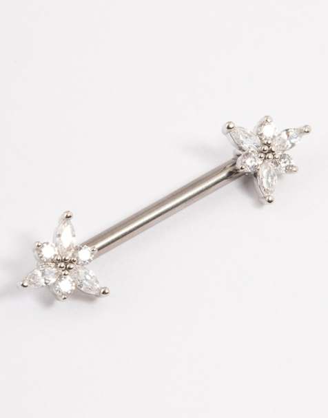 Lovisa - Piercing barre pour téton en titane avec pendant fleur orné de zircons cubiques - Argenté - view 1