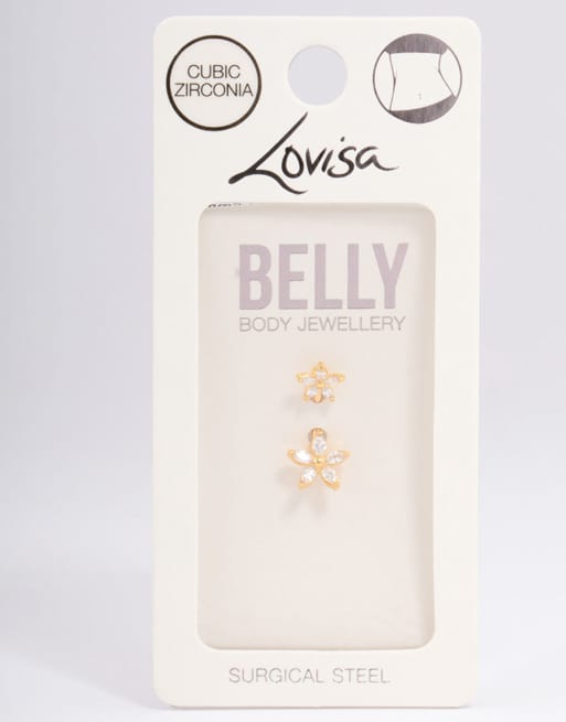 Lovisa - Piercing de nombril en acier chirurgical à pendant double fleur - Doré, 3 de 3
