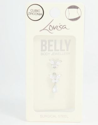 Lovisa - Piercing de nombril en acier chirurgical avec double pendant orné de zircons cubiques - Argenté