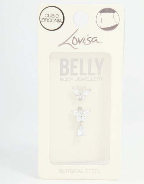 Lovisa - Piercing de nombril en acier chirurgical avec double pendant orné de zircons cubiques - Argenté - view 1