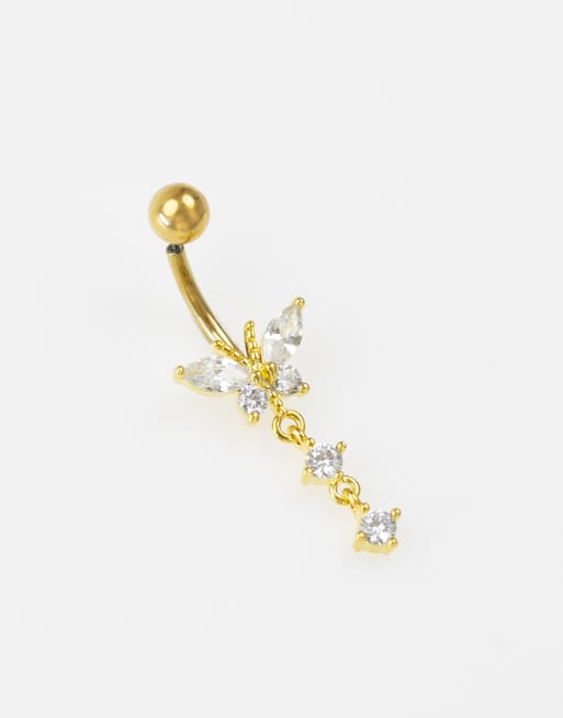 Lovisa - Piercing de nombril en acier chirurgical plaqué or avec pendant orné de zircons cubiques - Doré, 2 de 3