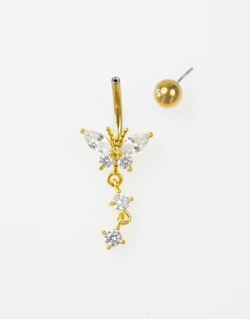 Lovisa - Piercing de nombril en acier chirurgical plaqué or avec pendant orné de zircons cubiques - Doré, 3 de 3
