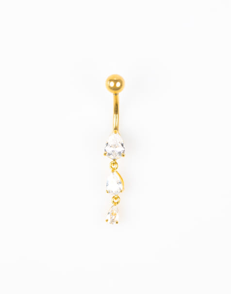 Lovisa - Piercing de nombril en acier chirurgical plaqué or orné de trois petits zircons cubiques - Doré - view 1