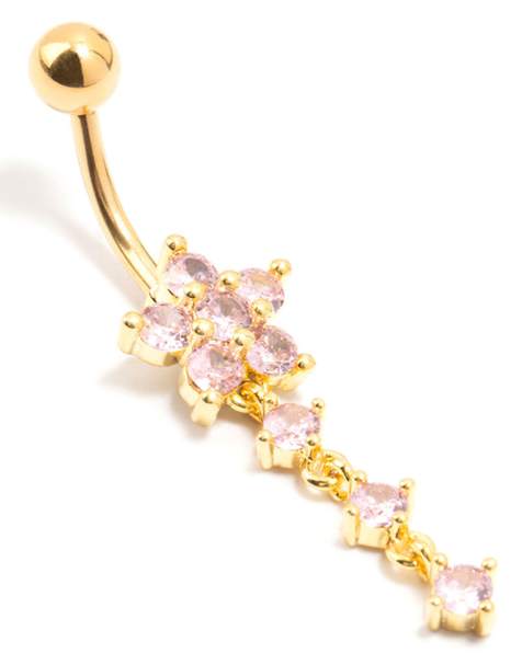 Lovisa - Piercing para el ombligo dorado de acero quirúrgico chapado en oro con colgante floral redondo - view 1