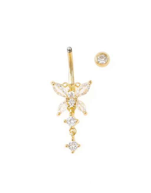 Lovisa - Piercing per l'ombelico a barretta in acciaio chirurgico placcato oro con cristalli , 3 di 3