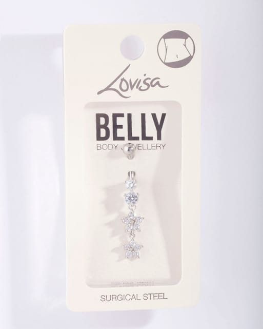 Lovisa - Piercing per l'ombelico in acciaio chirurgico color argento con pendenti doppi a forma di fiore