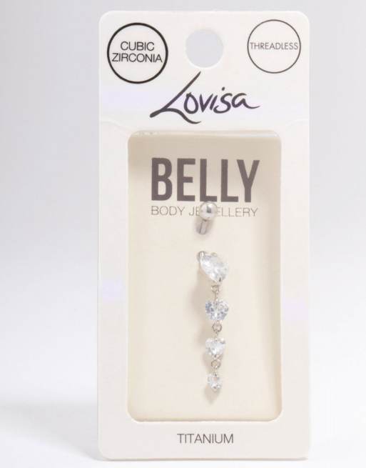 Lovisa - Piercing per l'ombelico in titanio color argento con zirconia cubica a forma di cuori