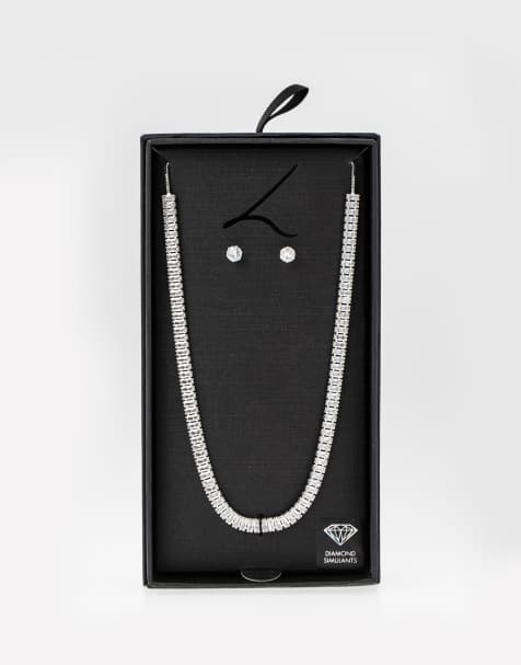 Lovisa Rhodium diamond simulant baguette necklace & earrings set in silver - view 1