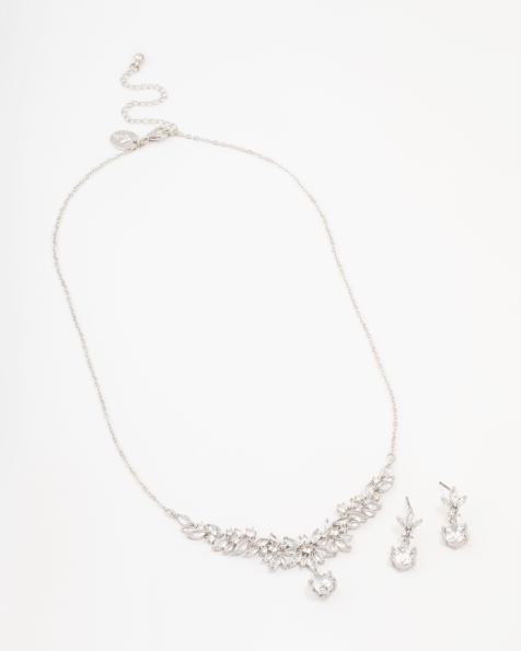 Lovisa – Set aus Rhodium in Silberoptik, aus Halskette und Ohrringen mit Diamant-Imitaten im Marquise-Schliff - view 1