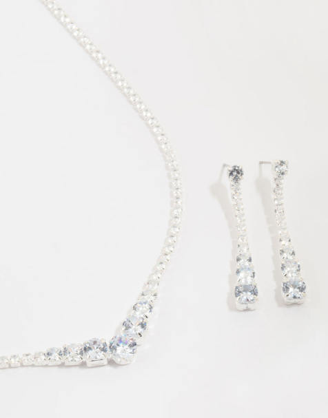 Lovisa – Set aus spitzen Ohrringen und Halskette in Silberoptik mit Zirkonia-Steinen - view 1