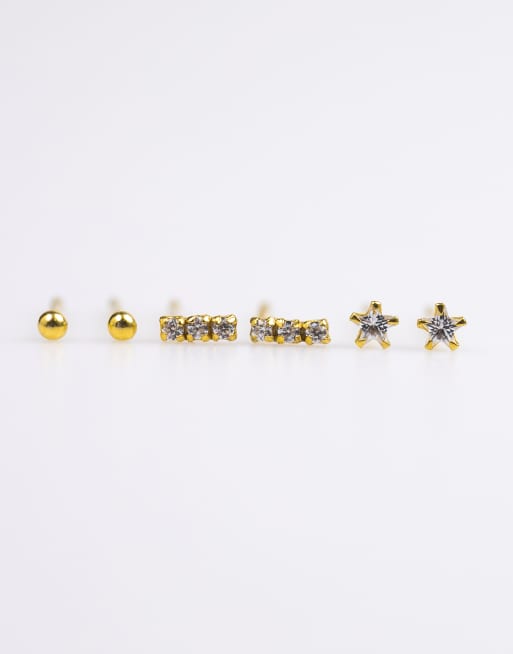 Lovisa - Set da 3 paia di orecchini in argento sterling placcato oro a forma di stella con strass , 2 di 3