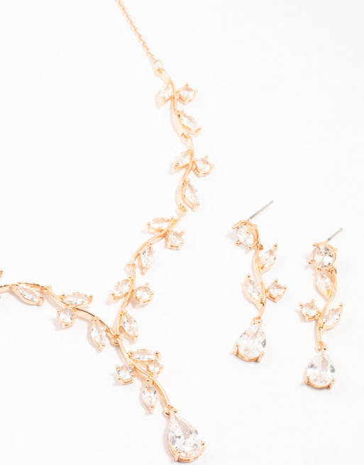 Lovisa - Set de pendientes y collar dorados con diseño de enredadera con cristales, 2 de 4