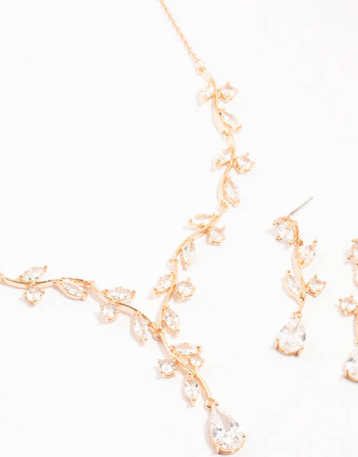 Lovisa - Set de pendientes y collar dorados con diseño de enredadera con cristales, 4 de 4