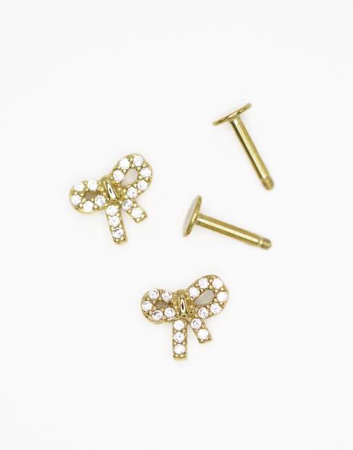 Lovisa – Set mit Piercings aus vergoldetem, chirurgischem Edelstahl in Goldoptik mit flacher Rückseite, Zirkonia-Schmuckstein und Schleife mit Pavé-Besatz