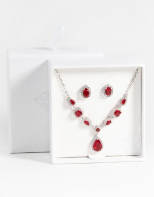 Lovisa - Set mit silberfarbener Halskette und Ohrringen mit Rubin-Imitat und ovalem Design