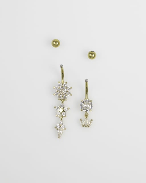 Lovisa - Set van 2 navelpiercings van chirurgisch staal met bloemetjes in goud, 2 van 3