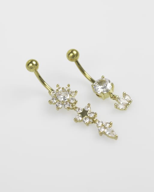 Lovisa - Set van 2 navelpiercings van chirurgisch staal met bloemetjes in goud, 3 van 3