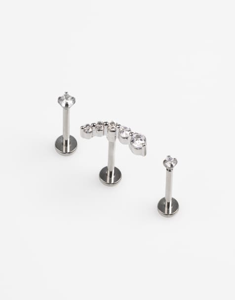 Lovisa - Set van 3 piercings van chirurgisch staal met zirkonia en platte achterkant in zilver - view 1