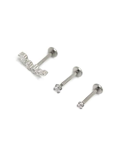 Lovisa - Set van 3 piercings van titanium met zirkonia en platte achterkant in zilver, 2 van 3