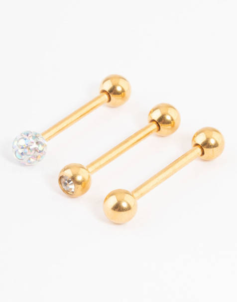 Lovisa - Set van 3 vergulde titanium tongpiercings met pavé balletjes in goud - view 1