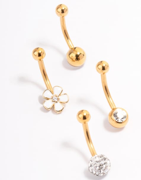 Lovisa - Set van 4 navelpiercings van verguld chirurgisch staal met ring en bloem in goudkleur - view 1