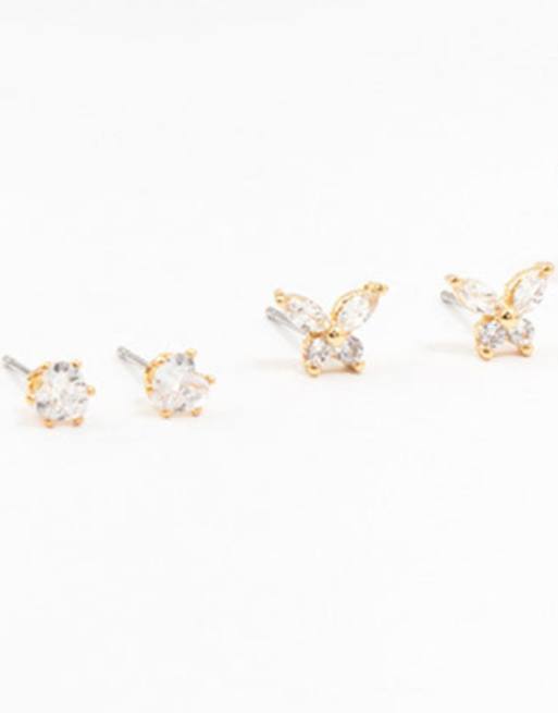 Lovisa - Set van 4 paar oorbellen van verguld messing met pavé ster en vlinder in goud, 3 van 4