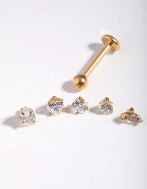 Lovisa - Set van 6 piercings met platte achterkant en zirkonia steentjes in goud