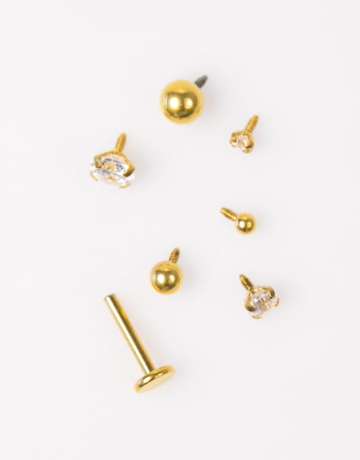 Lovisa - Set van 6 piercings van verguld titanium in gepolijste uitvoering en met zirkonia en platte achterkant in goud, 2 van 3