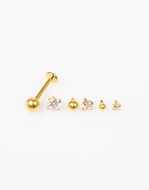 Lovisa - Set van 6 piercings van verguld titanium in gepolijste uitvoering en met zirkonia en platte achterkant in goud, 3 van 3