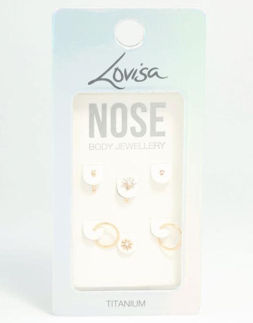 Lovisa - Set van 6 vergulde titanium bloemvormige neusknopjes en neusringen in goud, 2 van 4