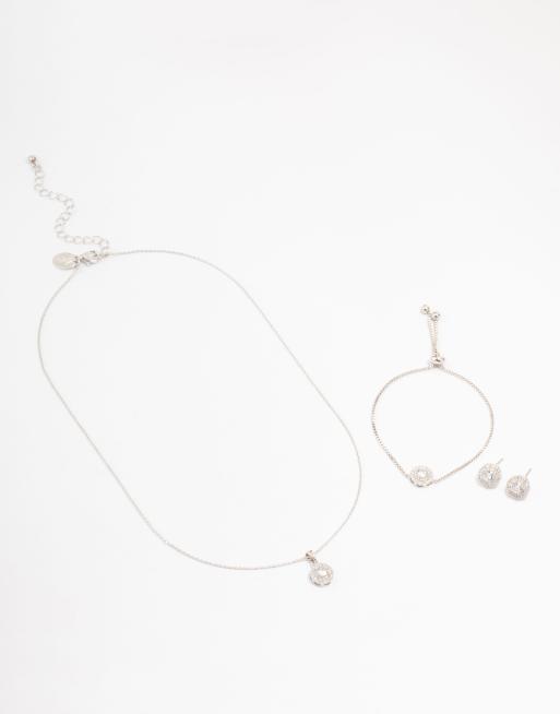 Lovisa - Set van ketting, armband en oorbellen met ronde zirkonia steentjes in zilver