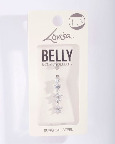 Lovisa – Silberfarbenes Bauchnabelpiercing aus Chirurgenstahl mit zwei Blumenanhängern - view 1