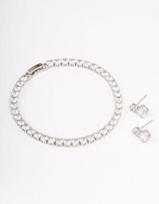 Lovisa - Silberfarbenes Set mit Ohrsteckern mit rund geschliffenen, abgestuften Zirkoniasteinen und Tennisarmband