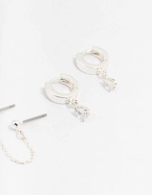 Lovisa Silver cubic zirconia chain stud & hoop earrings 3-pack in silver, 2 of 4