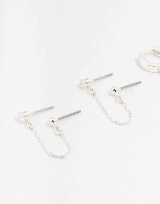 Lovisa Silver cubic zirconia chain stud & hoop earrings 3-pack in silver, 3 of 4