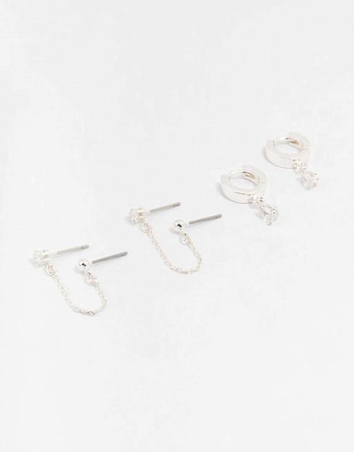 Lovisa Silver cubic zirconia chain stud & hoop earrings 3-pack in silver, 4 of 4