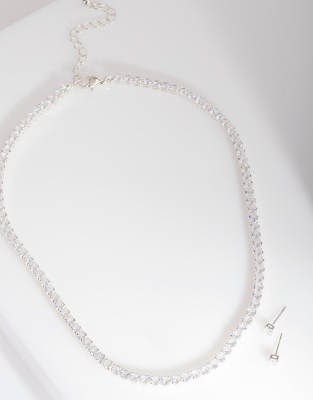Lovisa Silver cubic zirconia earrings tennis necklace set in
