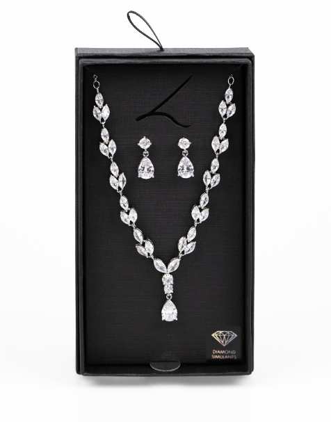 Lovisa Silver marquise necklace & drop earring set in silver - view 1