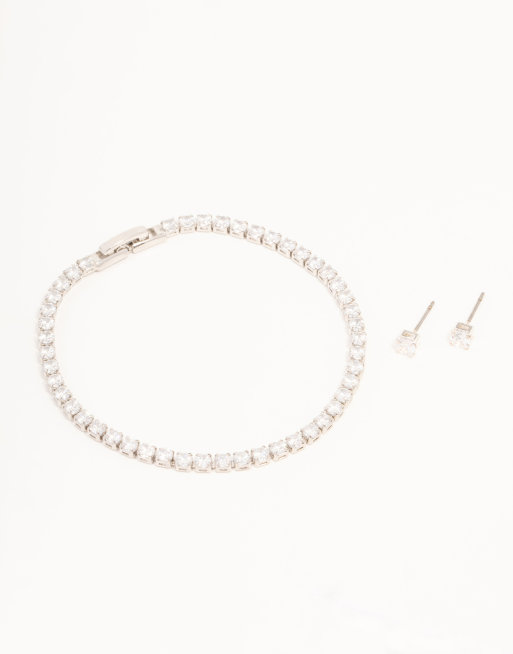 Lovisa Silver – Ohrring- und Armbandset in Silberoptik mit Diamant-Imitaten , 2 von 4