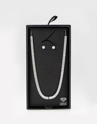 Lovisa - Simulant - Completo in rodio color argento con orecchini e collana con cristalli taglio baguette 