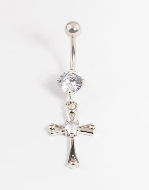 Lovisa Surgical steel cubic zirconia cross drop belly ring in silver - view 1