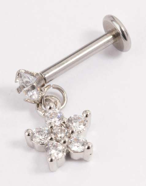 Lovisa Surgical steel cubic zirconia flower drop flat back in silver - view 1