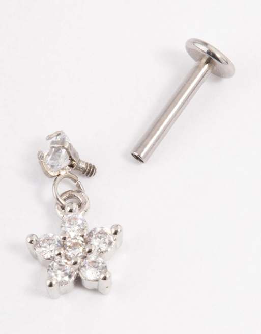 Lovisa Surgical steel cubic zirconia flower drop flat back in silver, 2 of 3