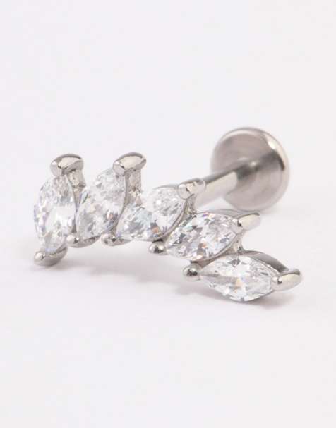 Lovisa Surgical steel cubic zirconia leaf single threadless flat back stud in silver - view 1