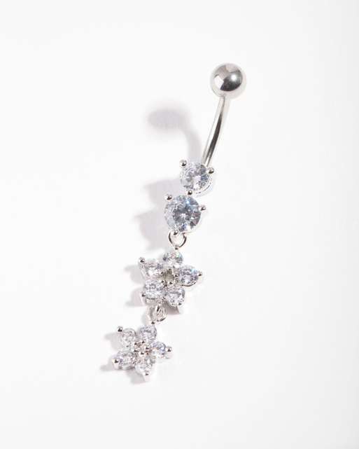 Lovisa Surgical steel double flower drop belly bar in silver, 2 of 3